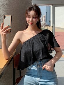 DAZY One Shoulder Ruffle Trim One Shoulder Blouse Carnival - Black - View 5