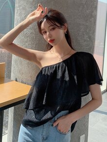 DAZY One Shoulder Ruffle Trim One Shoulder Blouse Carnival - Black - View 6