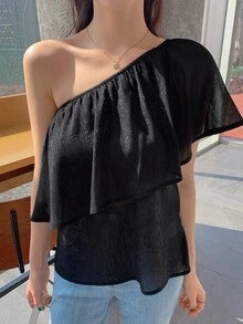 DAZY One Shoulder Ruffle Trim One Shoulder Blouse Carnival - Black - View 7