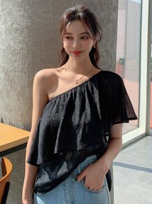 DAZY One Shoulder Ruffle Trim One Shoulder Blouse Carnival - Black - View 8