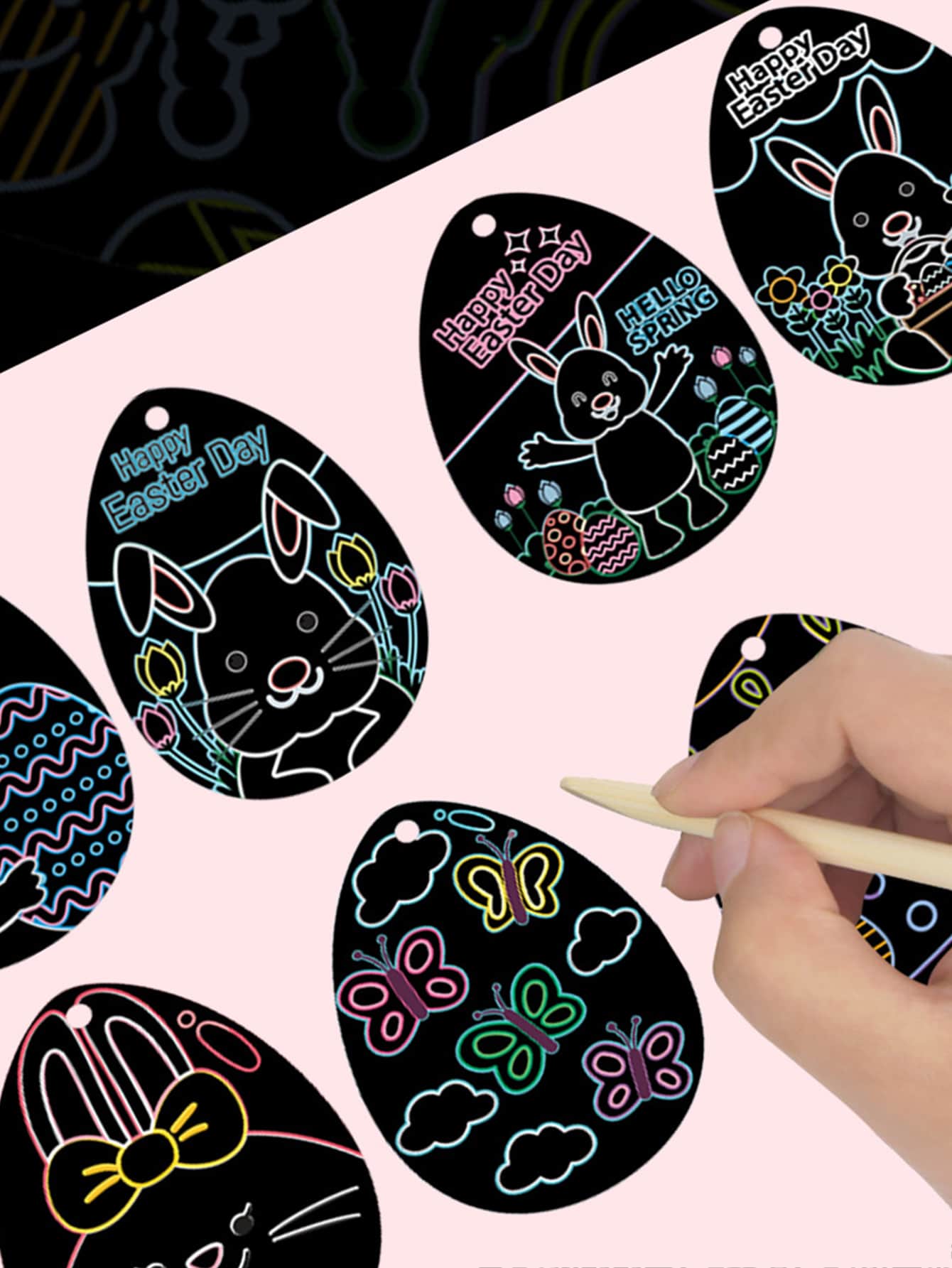 14pcs Egg Shaped Scratch Paper & 14pcs Bamboo Pen & 2pcs Ribbon - Black - View 1