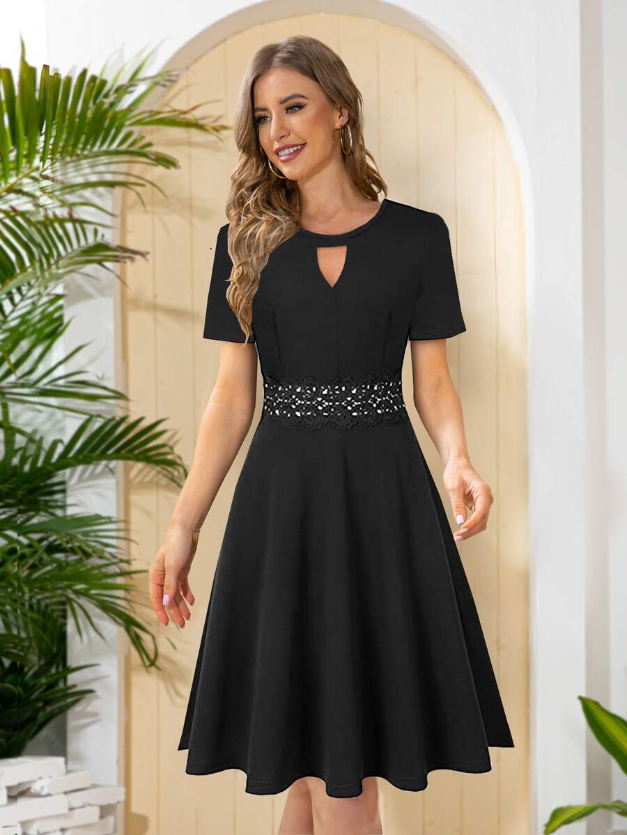 Keyhole Neckline Contrast Lace Cut Out Front Dress - Black - View 1
