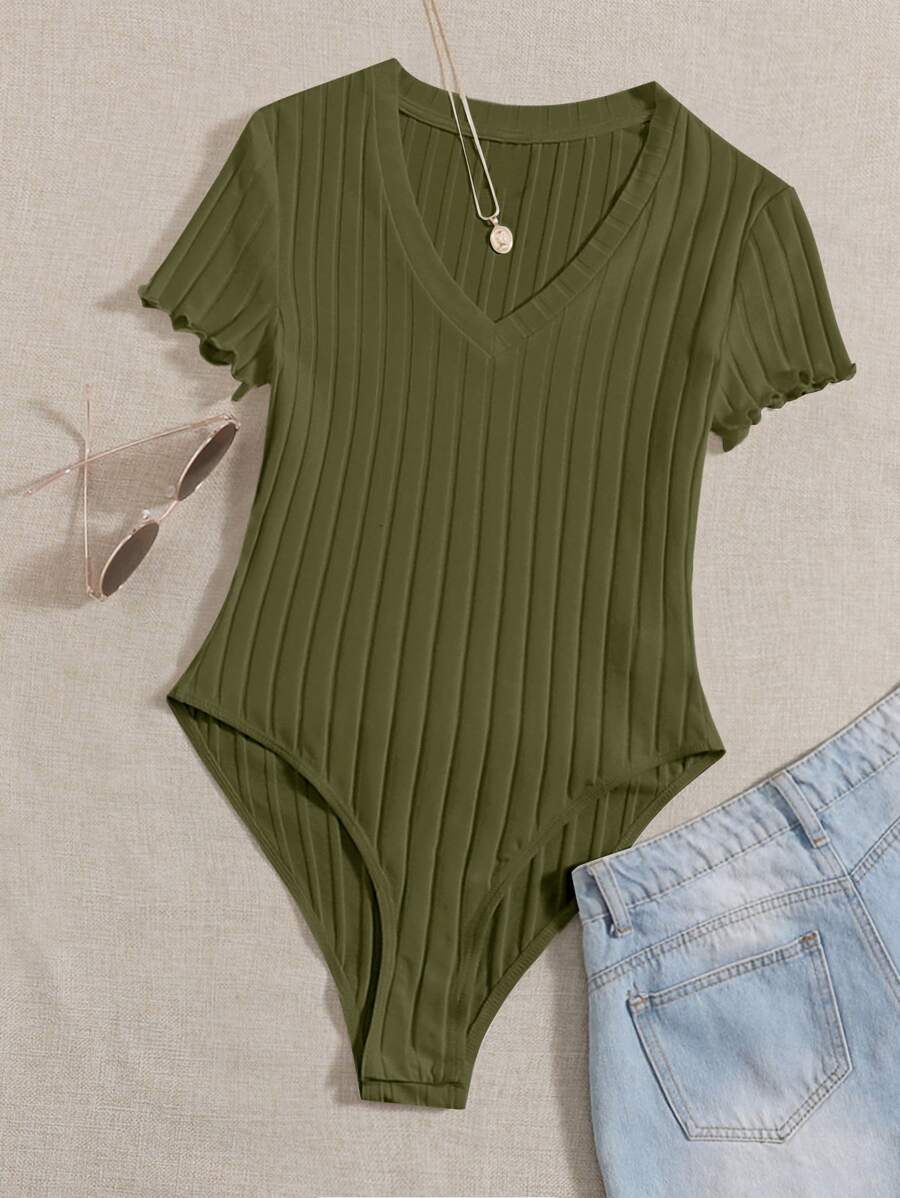 SHEIN EZwear Plus Lettuce Trim Ribbed Knit Bodysuit - Army Green - View 1