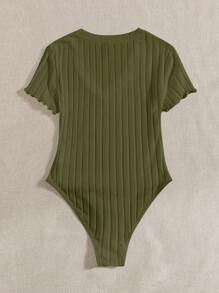 SHEIN EZwear Plus Lettuce Trim Ribbed Knit Bodysuit - Army Green - View 2