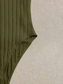 SHEIN EZwear Plus Lettuce Trim Ribbed Knit Bodysuit - Army Green - View 3