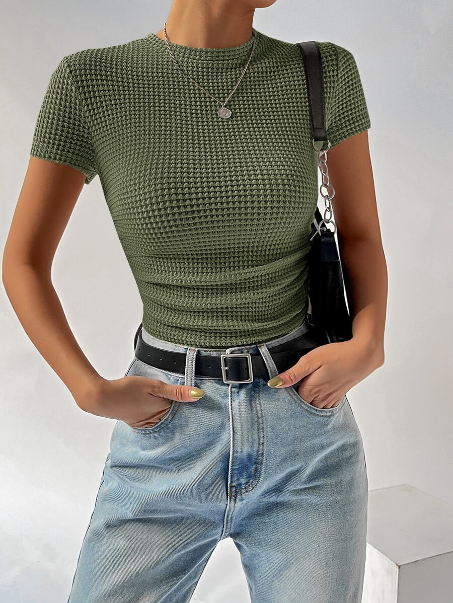 SHEIN EZwear Áo thun nữ Xù màu trơn Giải trí - xanh quân đội - Xem 1