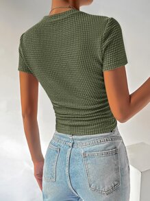 SHEIN EZwear Áo thun nữ Xù màu trơn Giải trí - xanh quân đội - Xem 2