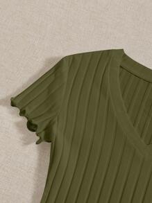 SHEIN EZwear Plus Lettuce Trim Ribbed Knit Bodysuit - Army Green - View 6