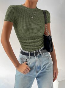 SHEIN EZwear Áo thun nữ Xù màu trơn Giải trí - xanh quân đội - Xem 6