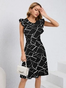 HOMEYEE Đầm Xù Tất cả trên in Hình học Giải trí - màu đen - Xem 1