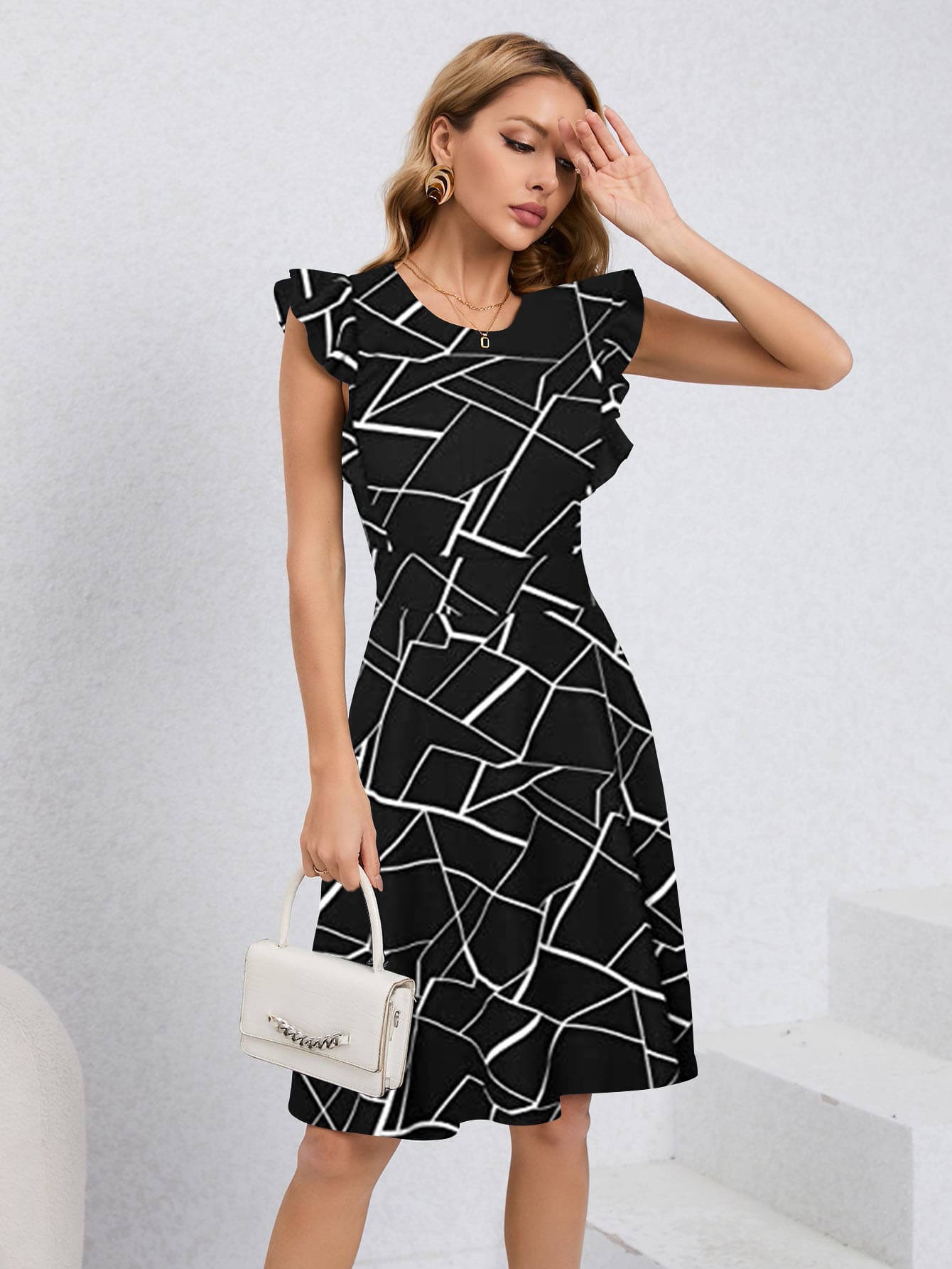 HOMEYEE Đầm Xù Tất cả trên in Hình học Giải trí - màu đen - Xem 1