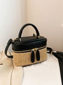 迷你水桶包草編包紙雙色,完美適合夏天海灘旅行度假 - 黑色 - 查看 1