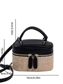 迷你水桶包草編包紙雙色,完美適合夏天海灘旅行度假 - 黑色 - 查看 3