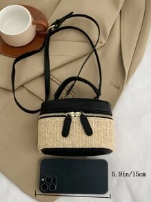 迷你水桶包草編包紙雙色,完美適合夏天海灘旅行度假 - 黑色 - 查看 5