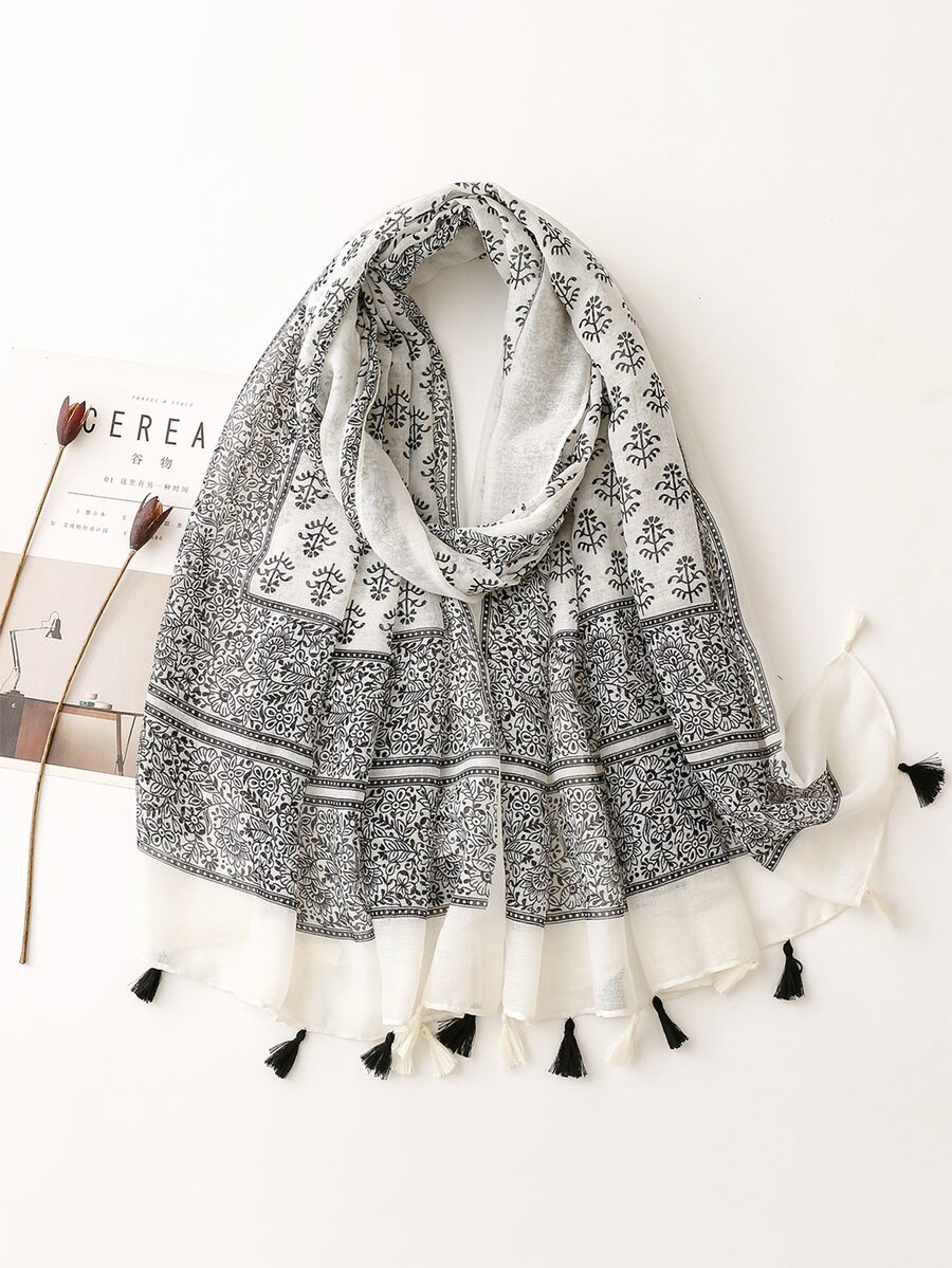 1pc Women Floral Pattern Tassel Decor Boho Scarf - Multicolor - View 1