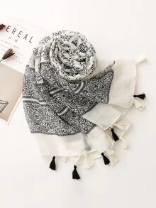 1pc Women Floral Pattern Tassel Decor Boho Scarf - Multicolor - View 3