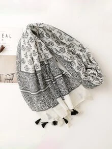 1pc Women Floral Pattern Tassel Decor Boho Scarf - Multicolor - View 4