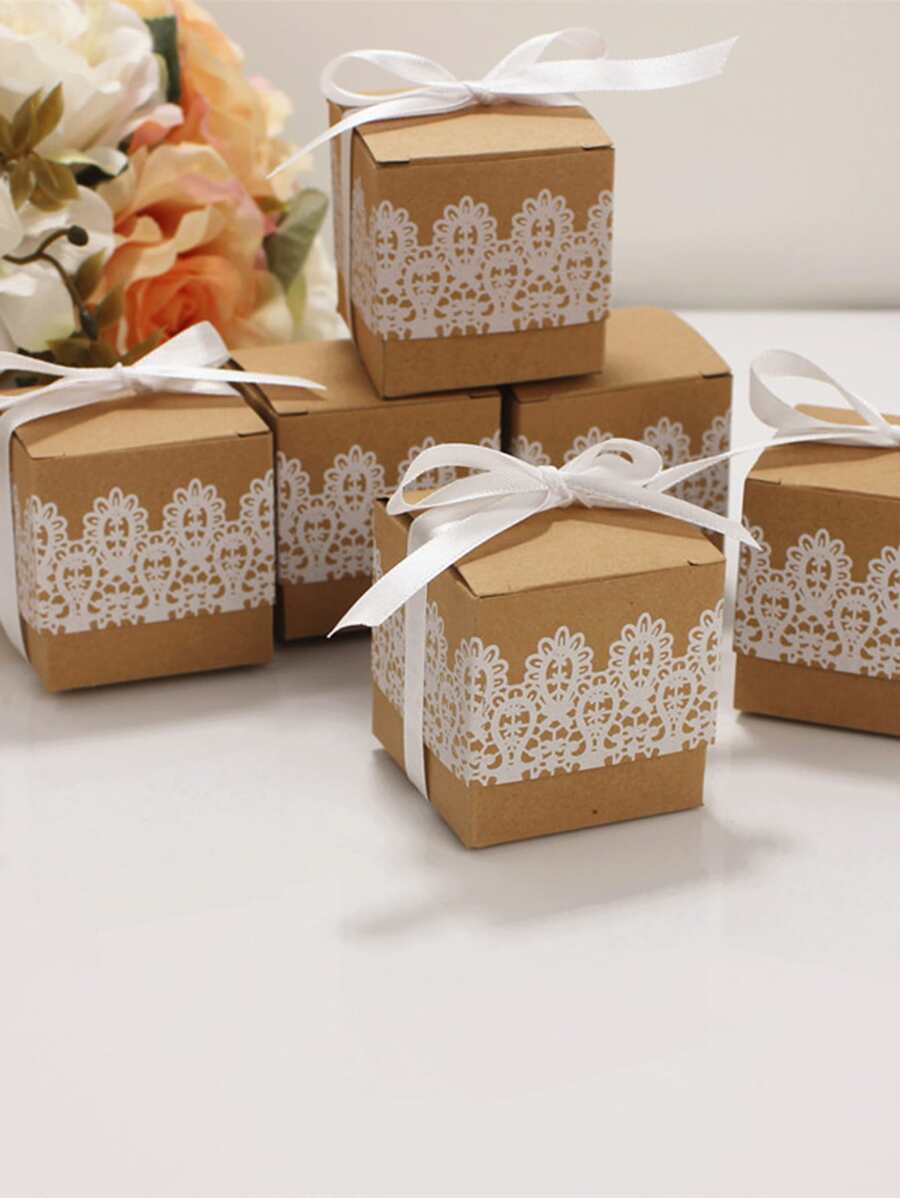 50 piezas/set Caja de regalo papel regalo con patrón floral con diseño de lazo para fiesta - Marrón - Ver 1