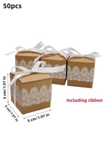 50 piezas/set Caja de regalo papel regalo con patrón floral con diseño de lazo para fiesta - Marrón - Ver 2