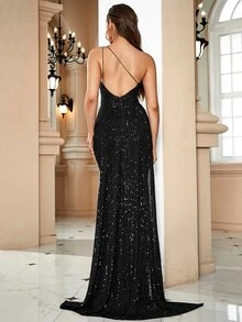 LOVE&LEMONADE One Shoulder Split Thigh Sequin Formal Dress - Black - View 2