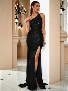 LOVE&LEMONADE One Shoulder Split Thigh Sequin Formal Dress - Black - View 3