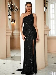 LOVE&LEMONADE One Shoulder Split Thigh Sequin Formal Dress - Black - View 4