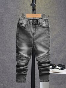 SHEIN 小男童彈性腰帶水洗牛仔褲 - 深灰色 - 查看 1
