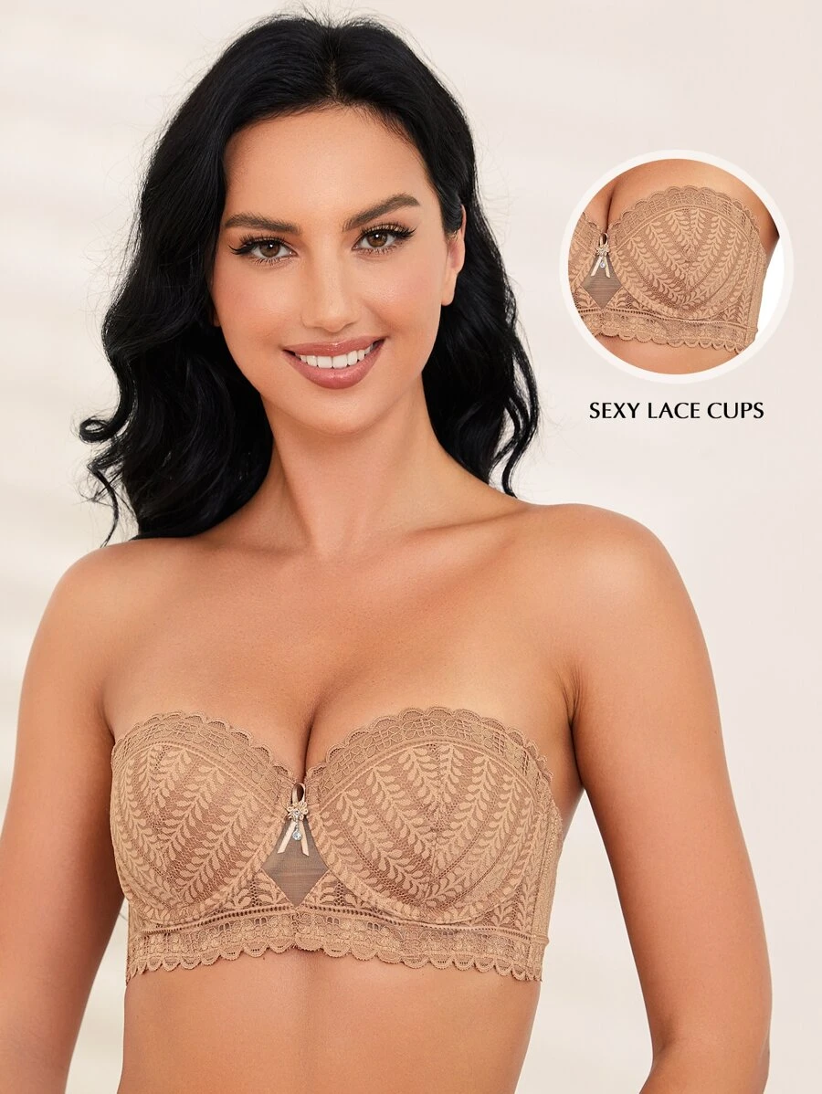 Lace Strapless Push Up Bra - Camel - View 1