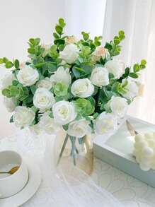 1束塑料人造花浪漫多用途手捧花適合家庭婚禮裝飾 - 白色 - 查看 2