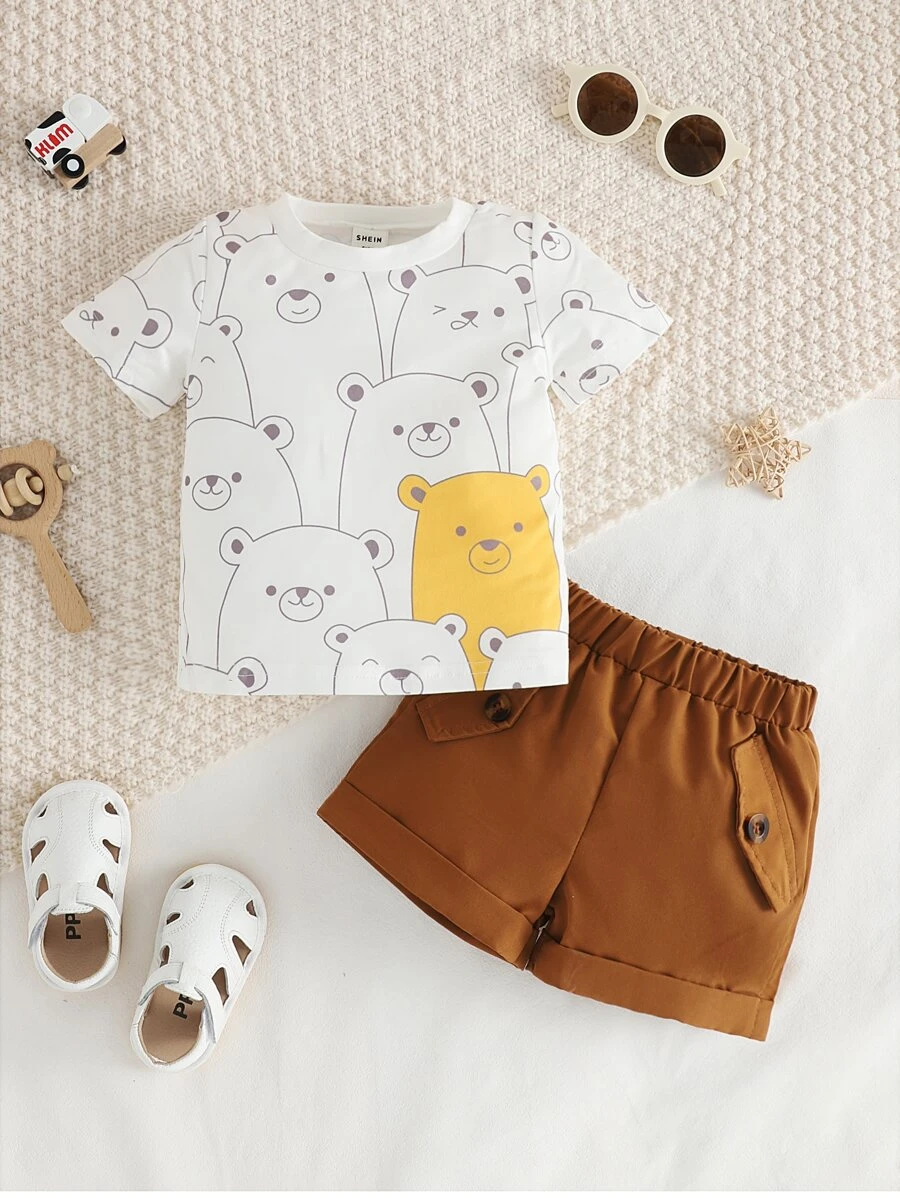 嬰兒小熊印花T恤和卷邊短褲 - 彩色 - 查看 1
