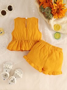 嬰兒女寶寶蝴蝶結前面荷葉邊背心和荷葉邊短褲