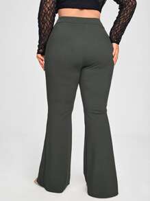 SHEIN PETITE CURVE 大码女式高腰喇叭休闲纯色裤，百搭 - 深灰色 - 查看 2