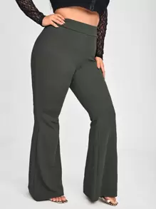 SHEIN PETITE CURVE 大码女式高腰喇叭休闲纯色裤，百搭 - 深灰色 - 查看 3