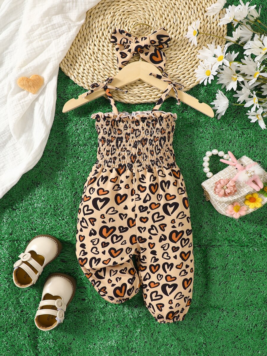 Baby Heart Print Shirred Cami Jumpsuit - Apricot - View 1