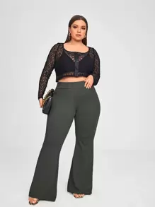 SHEIN PETITE CURVE 大码女式高腰喇叭休闲纯色裤，百搭 - 深灰色 - 查看 4