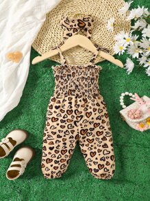 Baby Heart Print Shirred Cami Jumpsuit - Apricot - View 2