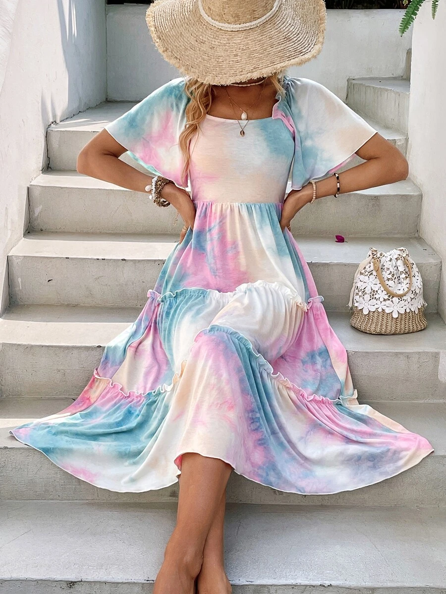 SHEIN VCAY Tie Dye Butterfly Sleeve Ruffle Hem Dress - Multicolor - View 1