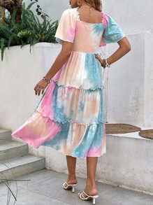 SHEIN VCAY Tie Dye Butterfly Sleeve Ruffle Hem Dress - Multicolor - View 7