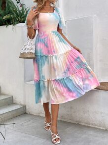 SHEIN VCAY Tie Dye Butterfly Sleeve Ruffle Hem Dress - Multicolor - View 3