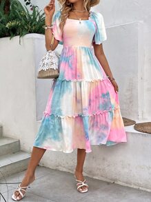 SHEIN VCAY Tie Dye Butterfly Sleeve Ruffle Hem Dress - Multicolor - View 4