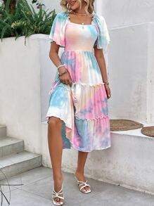 SHEIN VCAY Tie Dye Butterfly Sleeve Ruffle Hem Dress - Multicolor - View 5