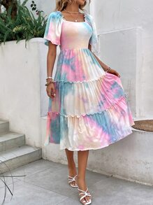 SHEIN VCAY Tie Dye Butterfly Sleeve Ruffle Hem Dress - Multicolor - View 6