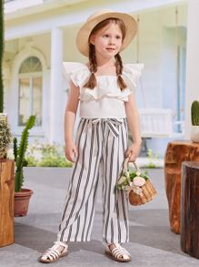 SHEIN Toddler Girls Ruffle Trim Top & Striped Trousers - Black and White - View 1