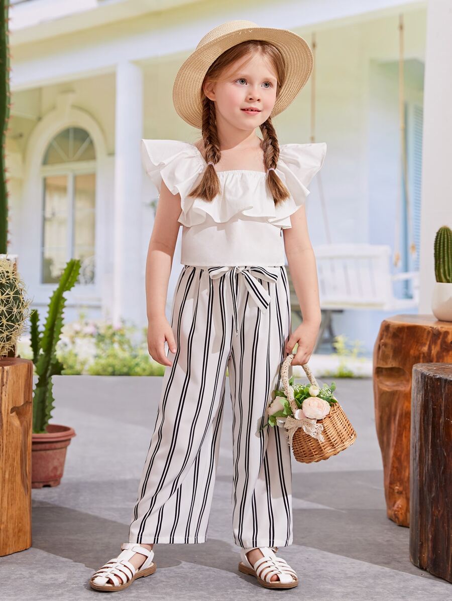SHEIN Toddler Girls Ruffle Trim Top & Striped Trousers - Black and White - View 1