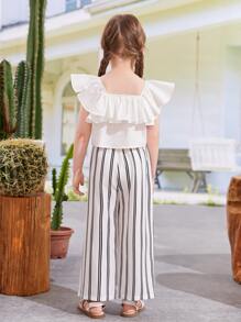 SHEIN Toddler Girls Ruffle Trim Top & Striped Trousers - Black and White - View 2
