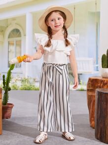 SHEIN Toddler Girls Ruffle Trim Top & Striped Trousers - Black and White - View 3