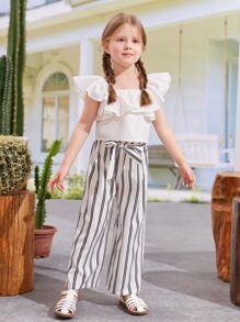 SHEIN Toddler Girls Ruffle Trim Top & Striped Trousers - Black and White - View 5
