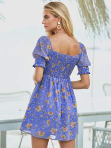 SHEIN Frenchy Floral Print Sweetheart Neck Puff Sleeve Dress - Multicolor - View 4