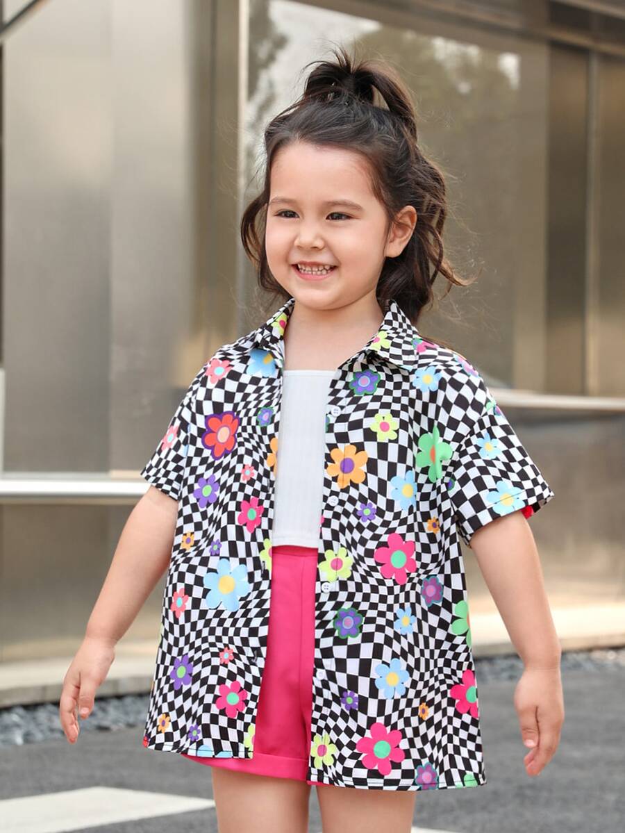 SHEIN Áo sơ mi bé gái Nút phía trước Hoa Sọc ca rô Boho - Nhiều màu - Xem 1