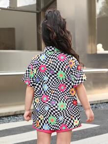 SHEIN Áo sơ mi bé gái Nút phía trước Hoa Sọc ca rô Boho - Nhiều màu - Xem 2